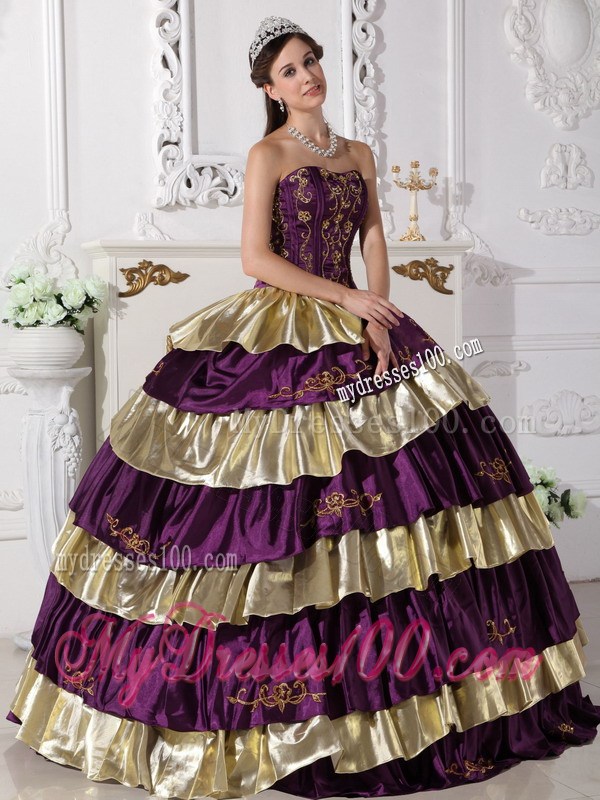 Affordable Embroidery Strapless Purple and Gold Quinceanera Dresses