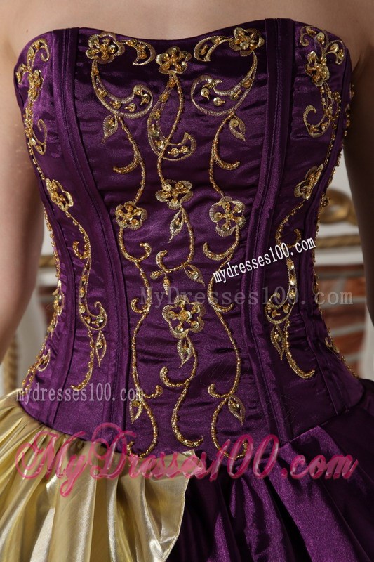 Affordable Embroidery Strapless Purple and Gold Quinceanera Dresses