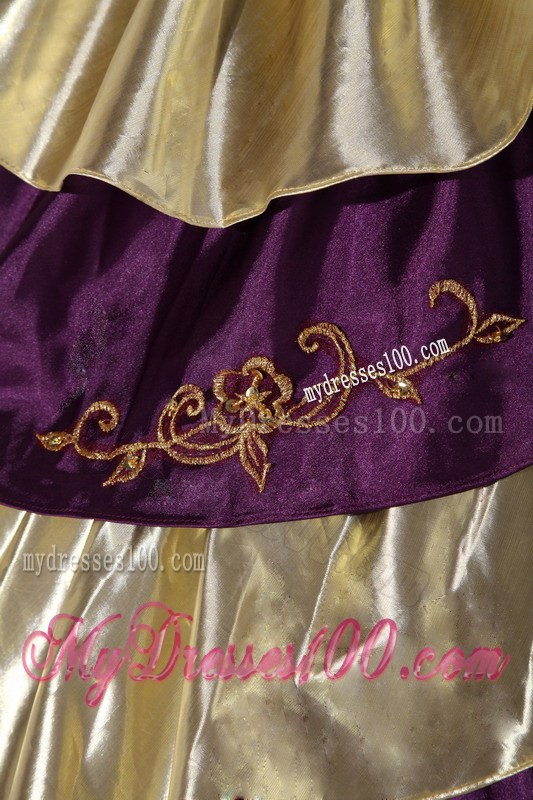 Affordable Embroidery Strapless Purple and Gold Quinceanera Dresses