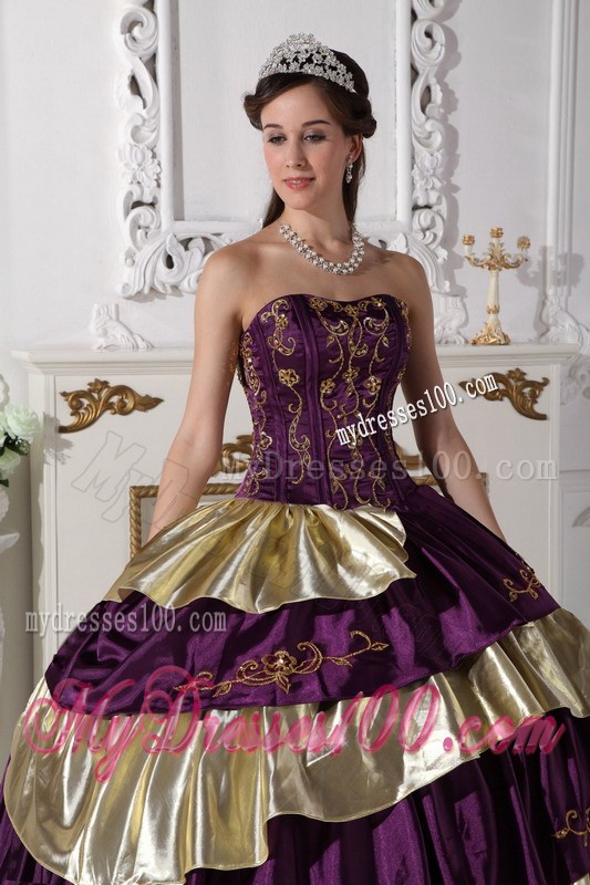 Affordable Embroidery Strapless Purple and Gold Quinceanera Dresses