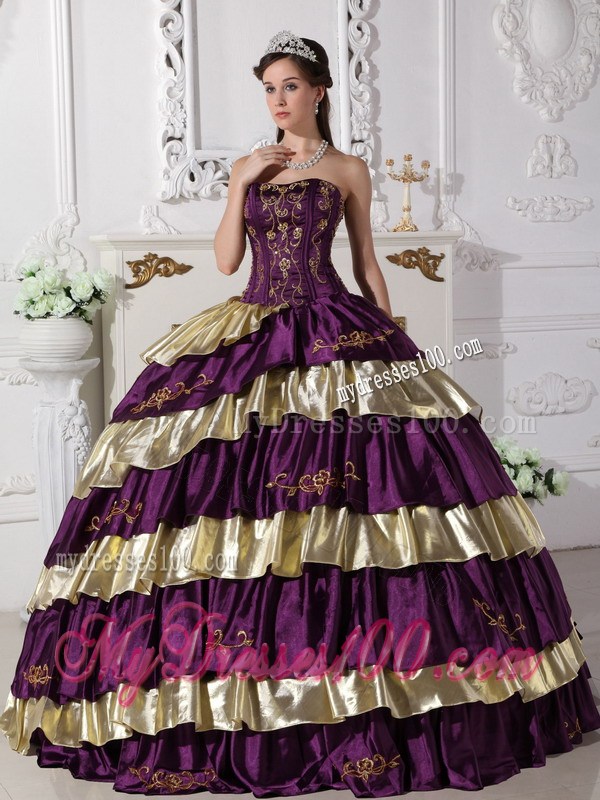 Affordable Embroidery Strapless Purple and Gold Quinceanera Dresses