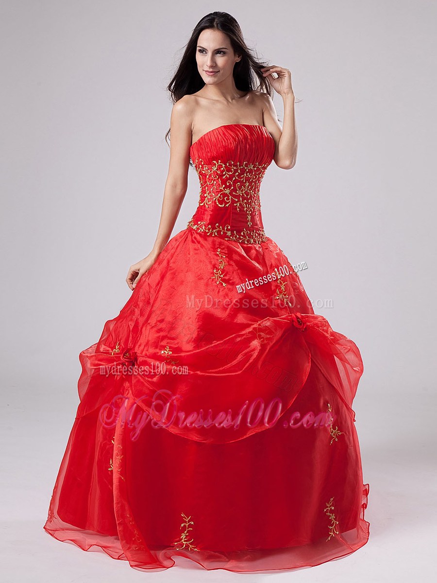 Coral Red Bodice Ball Gown Sweet 16 dress with Embroidery and Pick-Ups