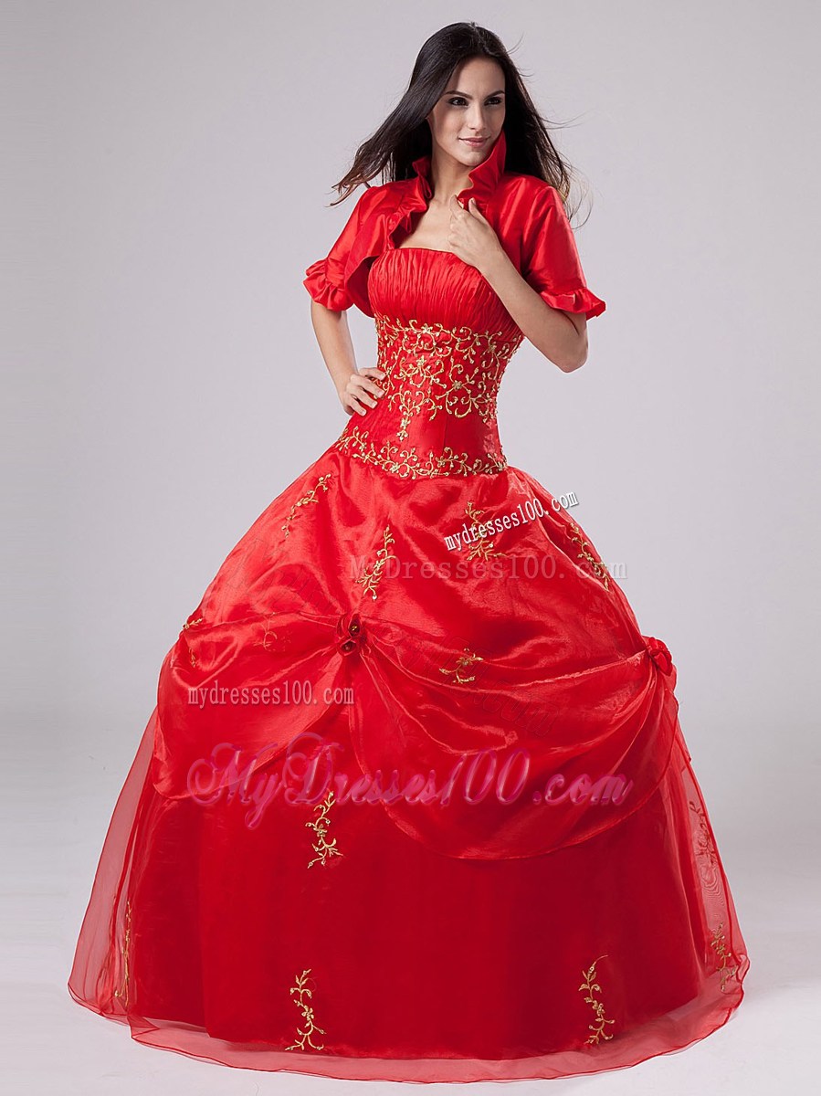 Coral Red Bodice Ball Gown Sweet 16 dress with Embroidery and Pick-Ups