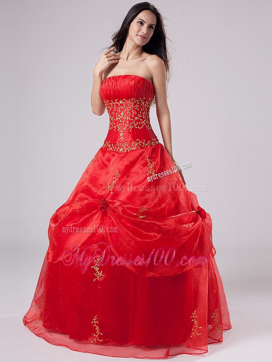 Coral Red Bodice Ball Gown Sweet 16 dress with Embroidery and Pick-Ups