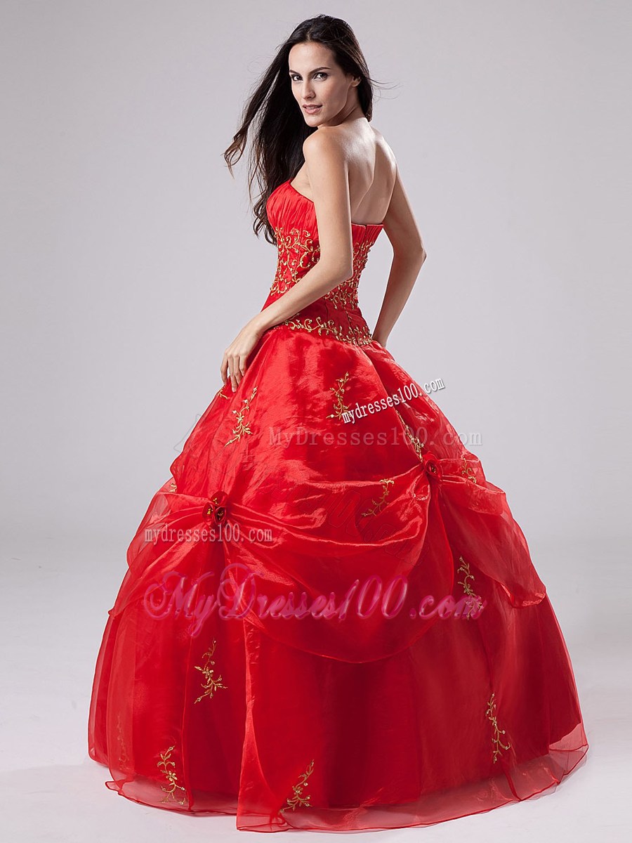 Coral Red Bodice Ball Gown Sweet 16 dress with Embroidery and Pick-Ups