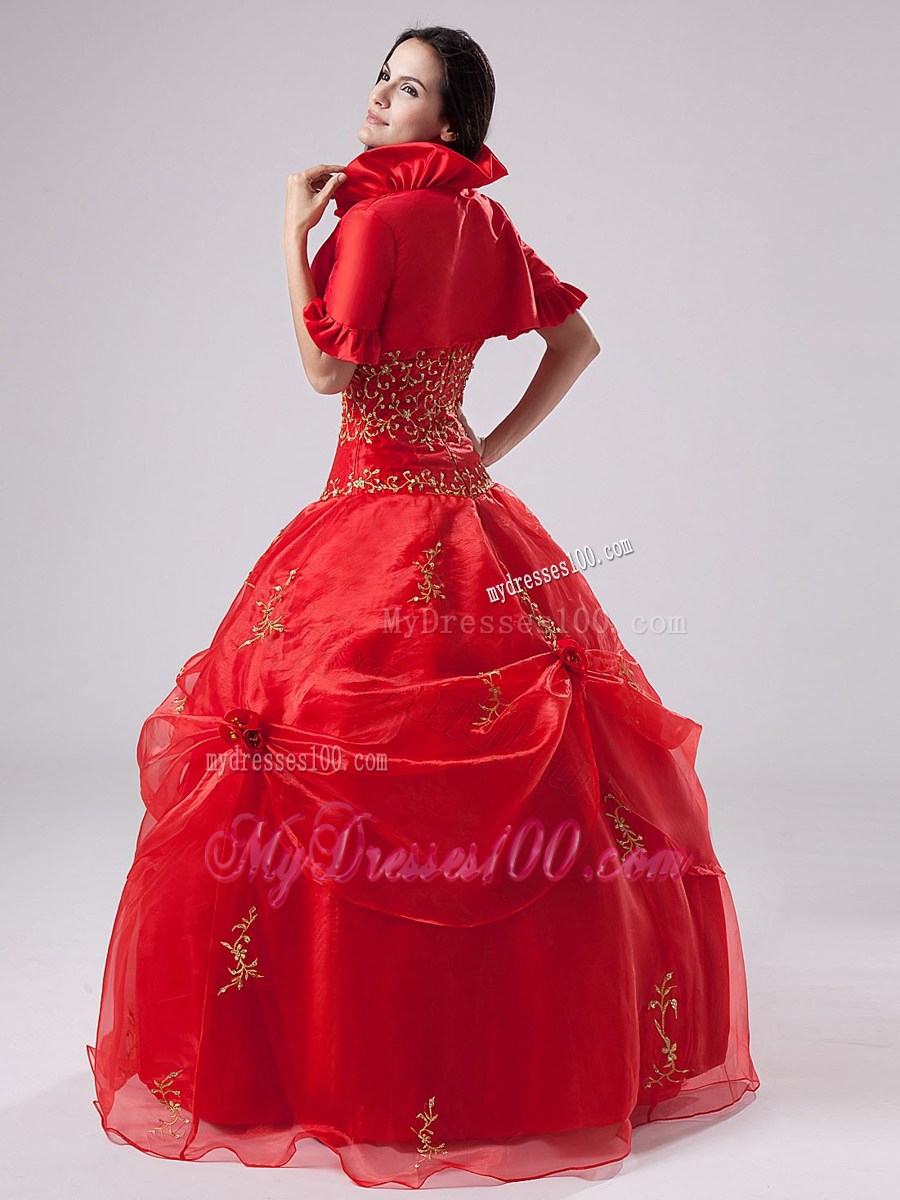 Coral Red Bodice Ball Gown Sweet 16 dress with Embroidery and Pick-Ups