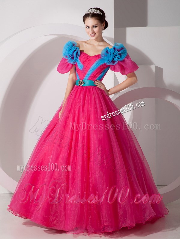 Red Off Shoulder Organza sweet 16 dresses with Blue Hand Made Flowes and Belt