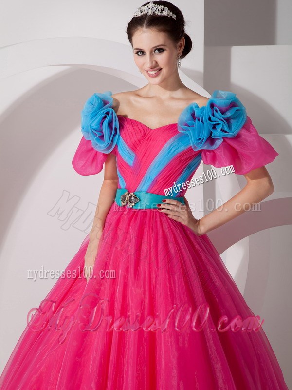 Red Off Shoulder Organza sweet 16 dresses with Blue Hand Made Flowes and Belt