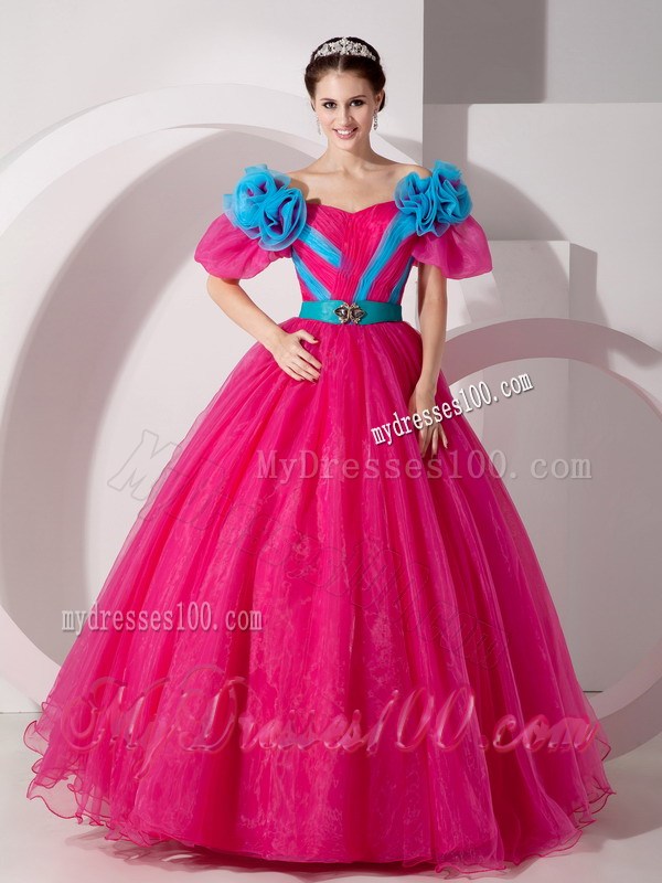 Red Off Shoulder Organza sweet 16 dresses with Blue Hand Made Flowes and Belt