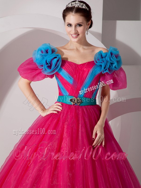 Red Off Shoulder Organza sweet 16 dresses with Blue Hand Made Flowes and Belt