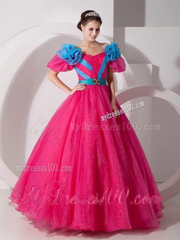 Red Off Shoulder Organza sweet 16 dresses with Blue Hand Made Flowes and Belt