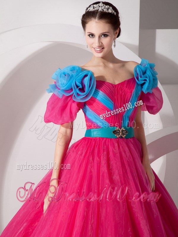 Red Off Shoulder Organza sweet 16 dresses with Blue Hand Made Flowes and Belt