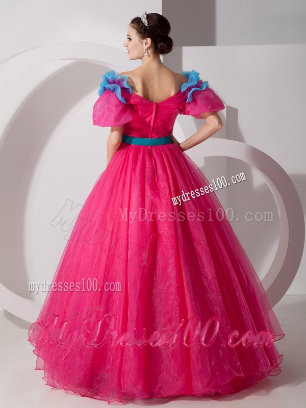 Red Off Shoulder Organza sweet 16 dresses with Blue Hand Made Flowes and Belt