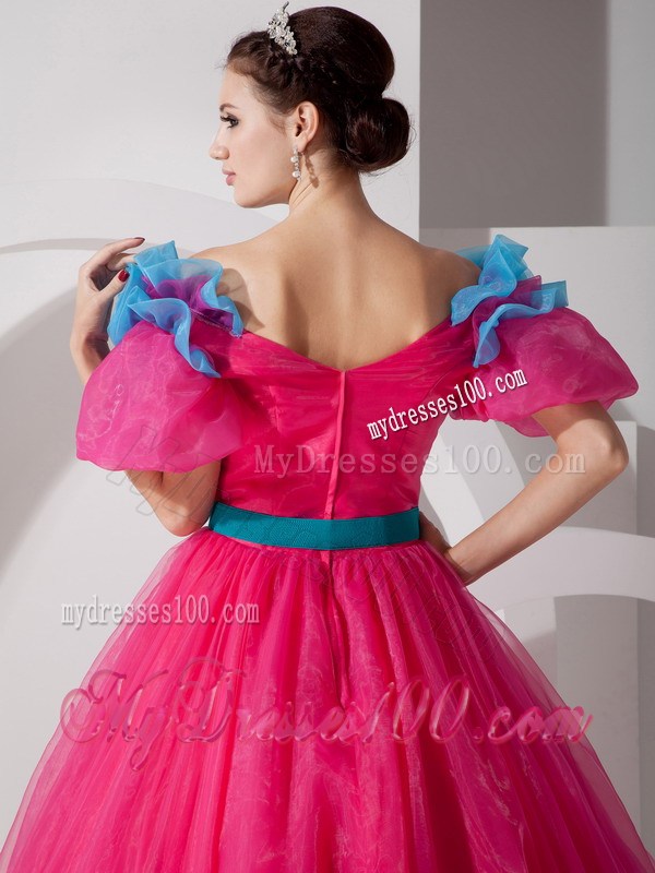 Red Off Shoulder Organza sweet 16 dresses with Blue Hand Made Flowes and Belt