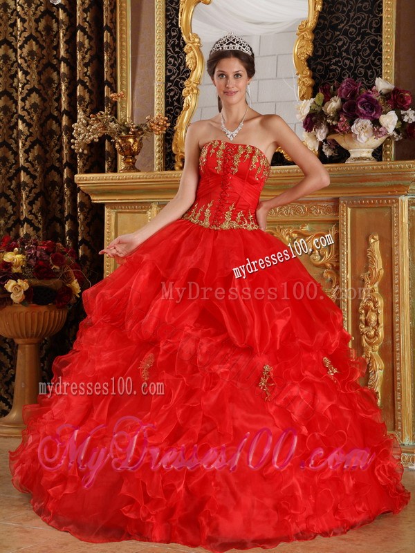 Strapless Red Ruffled Ball Gown Organza Sweet Sixteen Dresses with Appliques