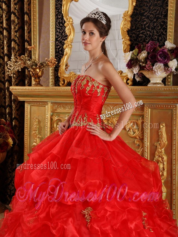 Strapless Red Ruffled Ball Gown Organza Sweet Sixteen Dresses with Appliques