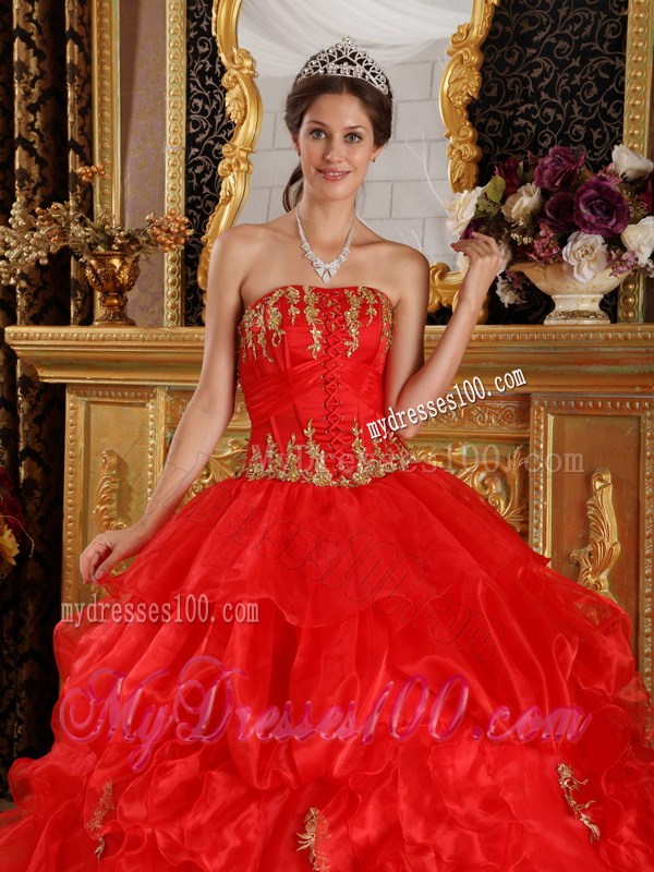 Strapless Red Ruffled Ball Gown Organza Sweet Sixteen Dresses with Appliques