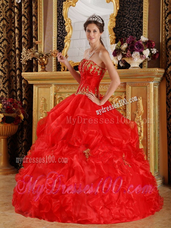 Strapless Red Ruffled Ball Gown Organza Sweet Sixteen Dresses with Appliques