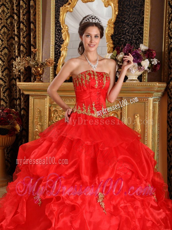 Strapless Red Ruffled Ball Gown Organza Sweet Sixteen Dresses with Appliques