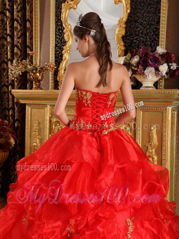 Strapless Red Ruffled Ball Gown Organza Sweet Sixteen Dresses with Appliques
