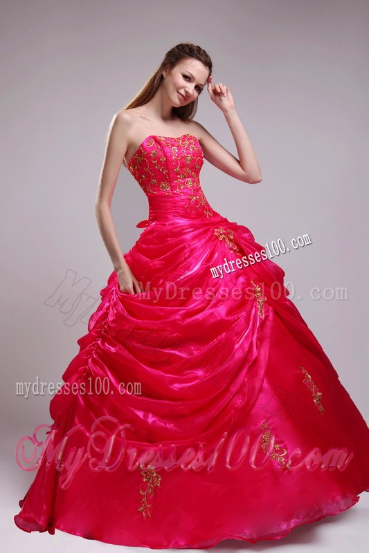 Strapless Red Ball Gown Appliques Decorated Dresses for 15 with Pick-Ups