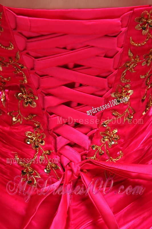 Strapless Red Ball Gown Appliques Decorated Dresses for 15 with Pick-Ups