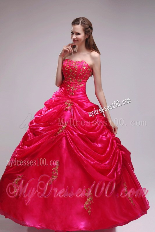 Strapless Red Ball Gown Appliques Decorated Dresses for 15 with Pick-Ups