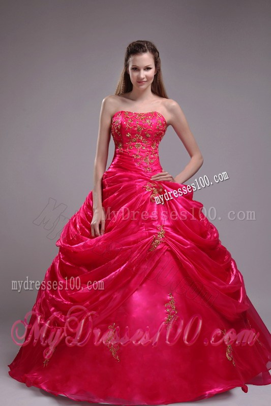 Strapless Red Ball Gown Appliques Decorated Dresses for 15 with Pick-Ups
