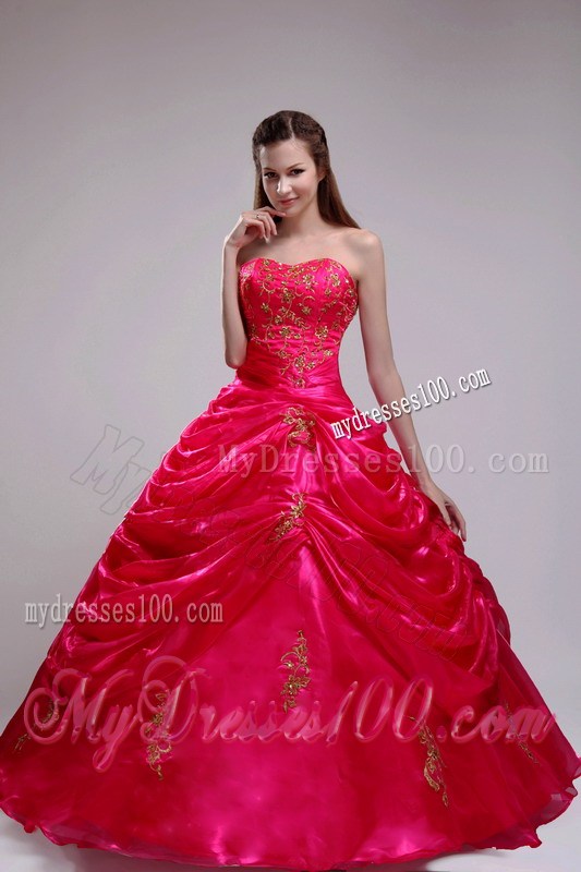 Strapless Red Ball Gown Appliques Decorated Dresses for 15 with Pick-Ups