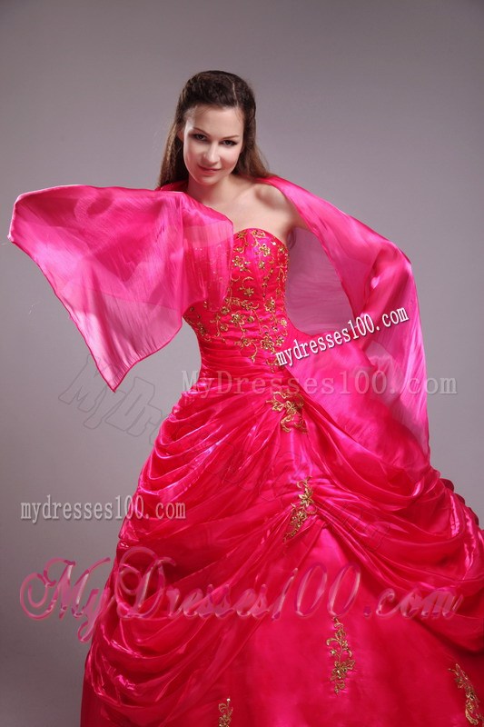 Strapless Red Ball Gown Appliques Decorated Dresses for 15 with Pick-Ups