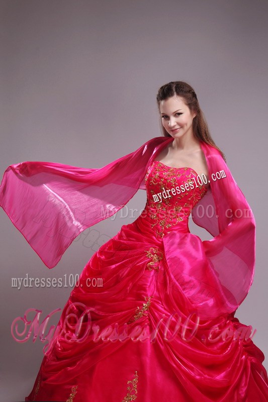Strapless Red Ball Gown Appliques Decorated Dresses for 15 with Pick-Ups