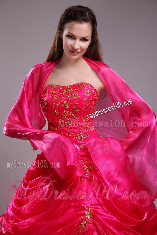 Strapless Red Ball Gown Appliques Decorated Dresses for 15 with Pick-Ups