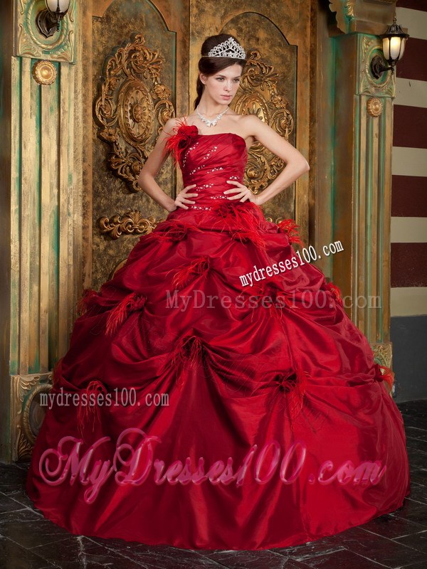 Red Taffeta Beaded Quinceanera Dress with Pick-Ups and Hand Made Flowers