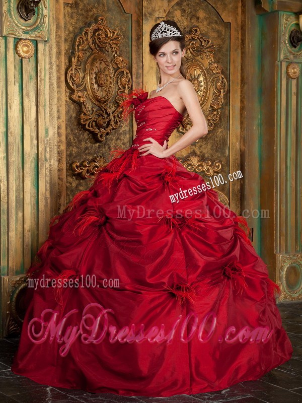 Red Taffeta Beaded Quinceanera Dress with Pick-Ups and Hand Made Flowers