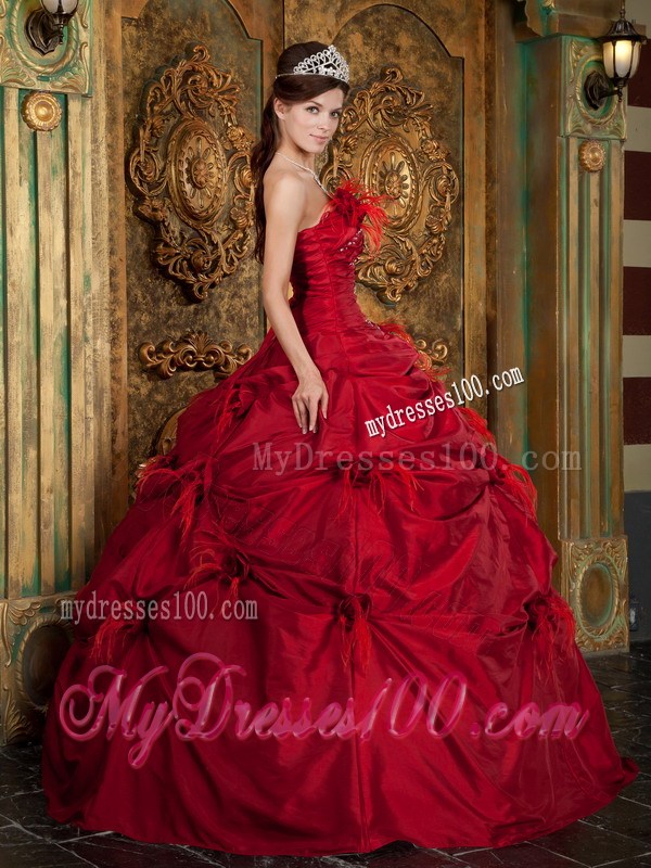 Red Taffeta Beaded Quinceanera Dress with Pick-Ups and Hand Made Flowers