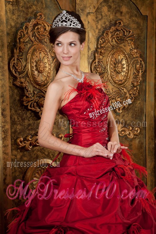 Red Taffeta Beaded Quinceanera Dress with Pick-Ups and Hand Made Flowers