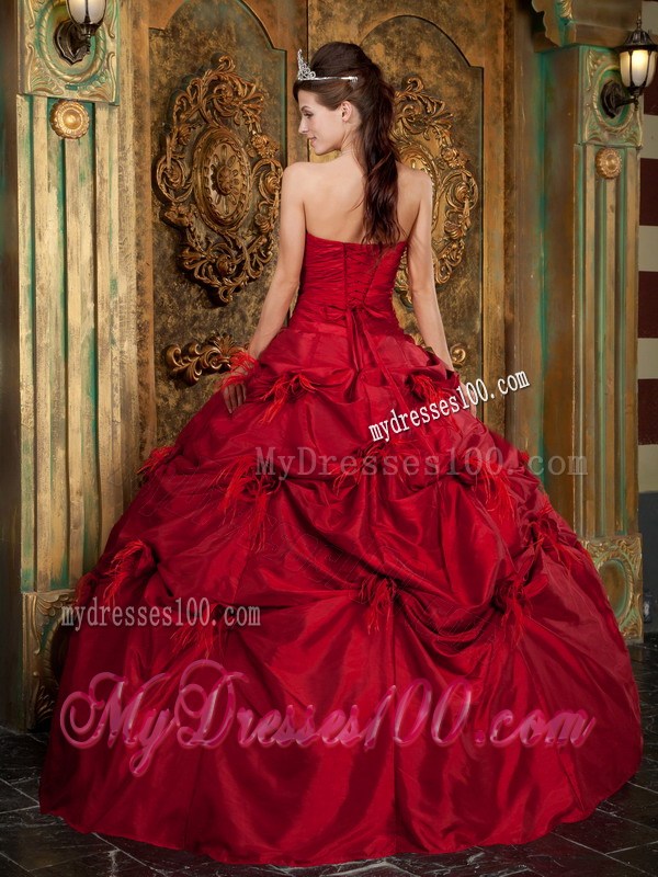 Red Taffeta Beaded Quinceanera Dress with Pick-Ups and Hand Made Flowers