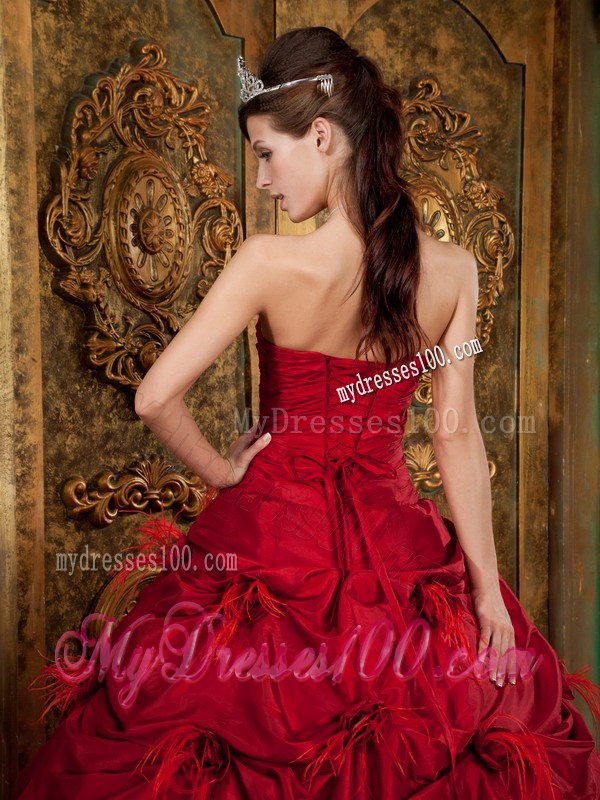 Red Taffeta Beaded Quinceanera Dress with Pick-Ups and Hand Made Flowers