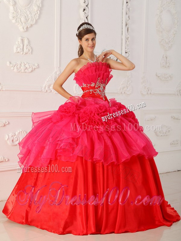 Two-Tone Red Ruching dresses for 15 with Hand Made Flowers and Appliques