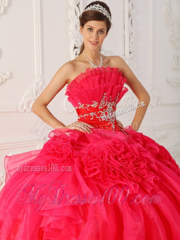 Two-Tone Red Ruching dresses for 15 with Hand Made Flowers and Appliques