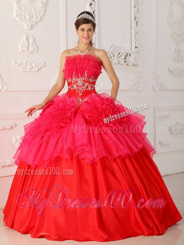 Two-Tone Red Ruching dresses for 15 with Hand Made Flowers and Appliques