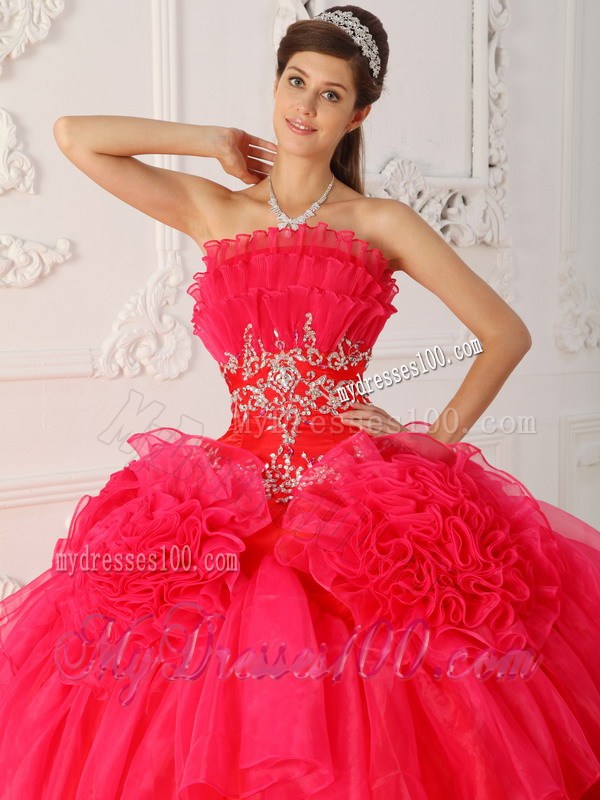 Two-Tone Red Ruching dresses for 15 with Hand Made Flowers and Appliques