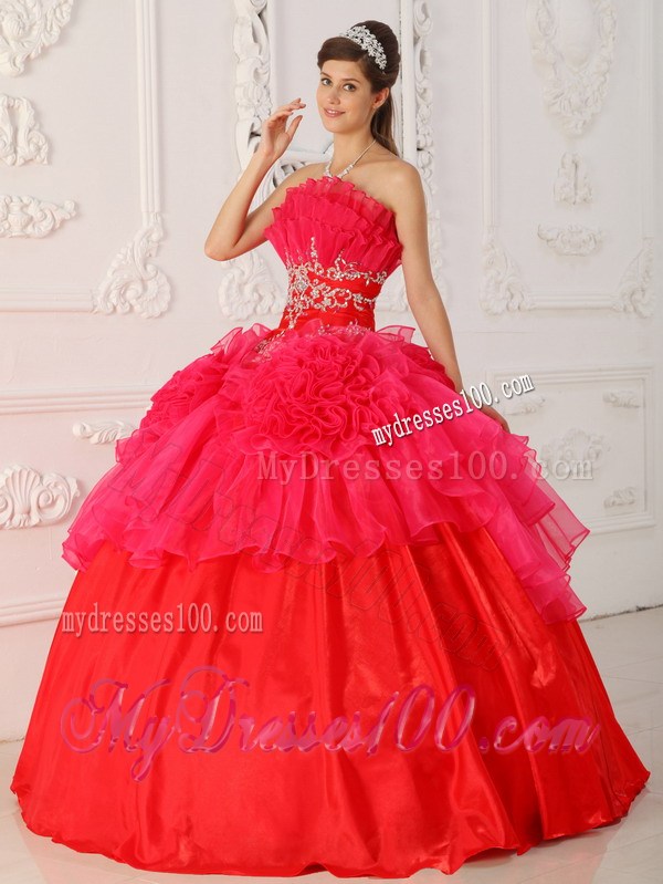 Two-Tone Red Ruching dresses for 15 with Hand Made Flowers and Appliques