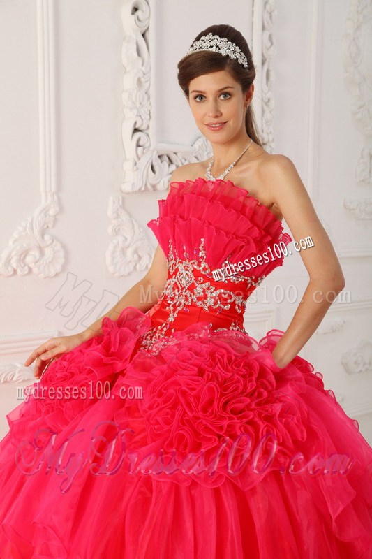 Two-Tone Red Ruching dresses for 15 with Hand Made Flowers and Appliques