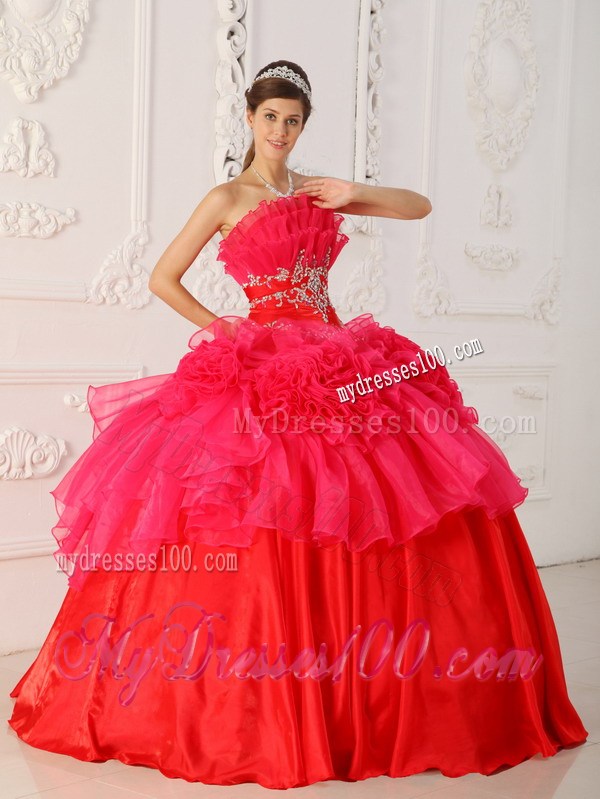 Two-Tone Red Ruching dresses for 15 with Hand Made Flowers and Appliques
