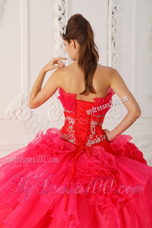 Two-Tone Red Ruching dresses for 15 with Hand Made Flowers and Appliques