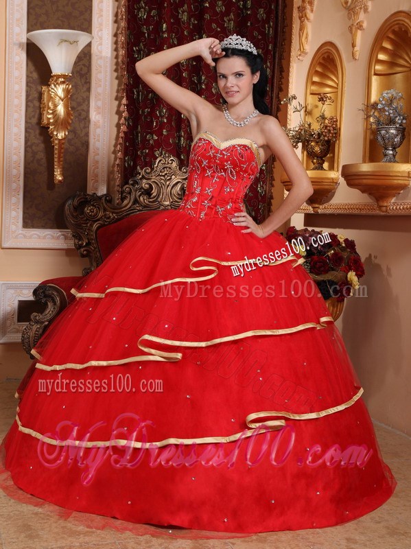 Red Sweetheart Satin and Tulle Beaded Quinceanera Dresses with Gold Hem