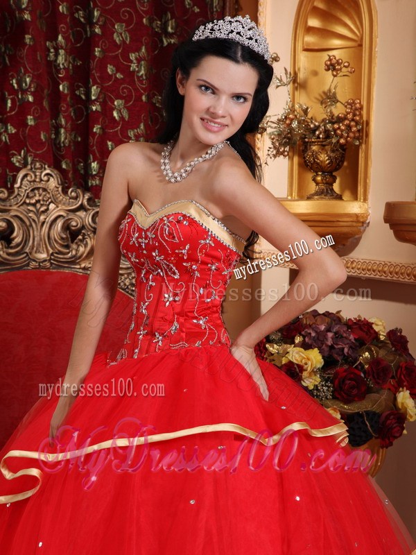 Red Sweetheart Satin and Tulle Beaded Quinceanera Dresses with Gold Hem