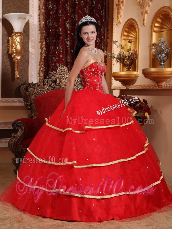 Red Sweetheart Satin and Tulle Beaded Quinceanera Dresses with Gold Hem