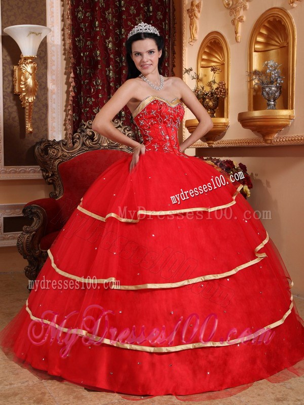 Red Sweetheart Satin and Tulle Beaded Quinceanera Dresses with Gold Hem
